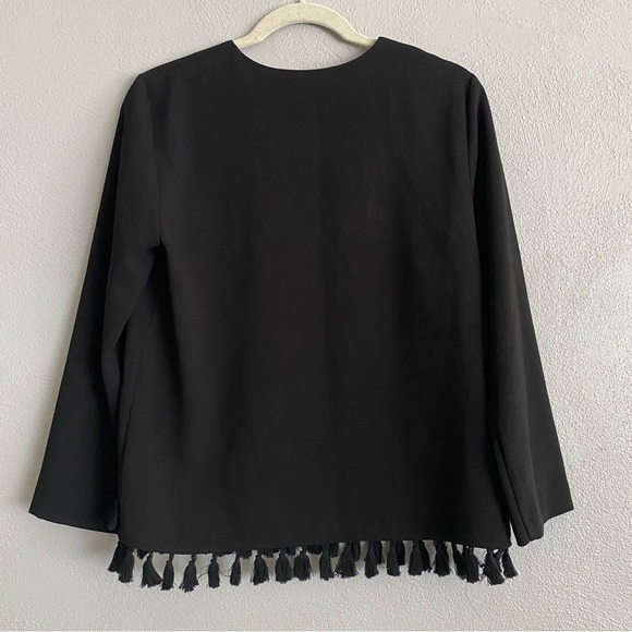 Zara Top Size Small Black V-Neck Long Sleeve Fringe Neutral Office Business Work - Picture 6 of 8